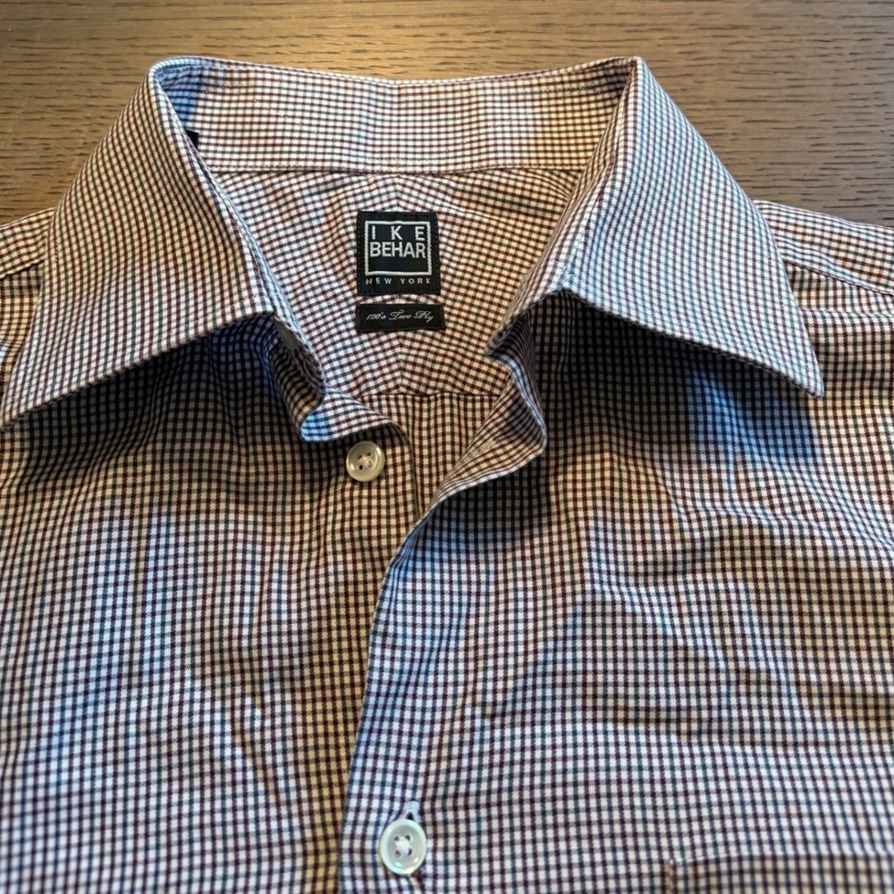 Ike Behar New York Mens 120s Two Ply Gingham Dress Shirt White Long Sleeve - Picture 5 of 11